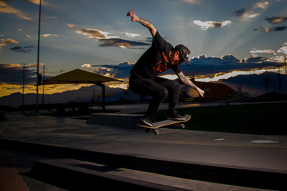 Skateboarding at Sunrise – West Jordan Wheels Park Session with Off-Camera Strobe2609
