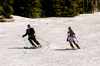 Bride and groom skiing