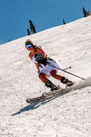 Bride in wedding dress skiing
