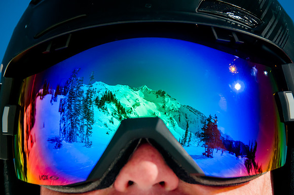 Reflection of mountain in ski goggles.  Snowbird, Utah