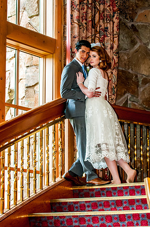 Snowbasin Wedding Inspiration-Bride and groom on Staircase.