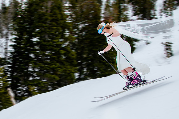 Megan Collins skiing in a wedding dress-2226