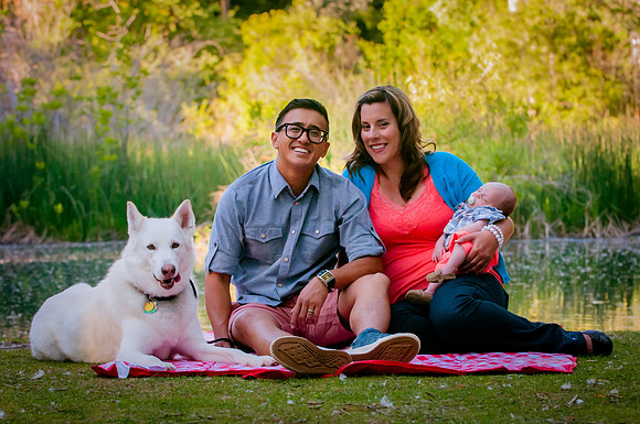 Family portraits with newborn and pet dog