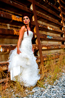 Red haired bride with white wedding dress waiting for a train
