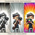 DALL·E 2025-01-06 18.38.41 - A cartoon-style three-panel sketch showing the transformation of a beginner photographer gaining confidence and skill.