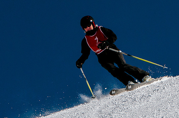 Skier with bluebird sky