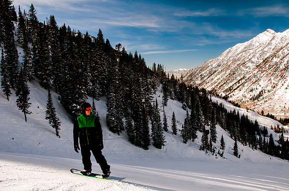 Veteran learns to snowboard with Wasatch Adaptive Sports at Snowbird.  Gorgeous view of the Salt Lake City valley from little cottonwood.