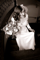 40's inspired bride in wedding dress on staircase at the Woods on Ninth, Utah