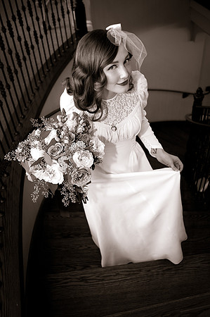 40's inspired bride in wedding dress on staircase at the Woods on Ninth, Utah