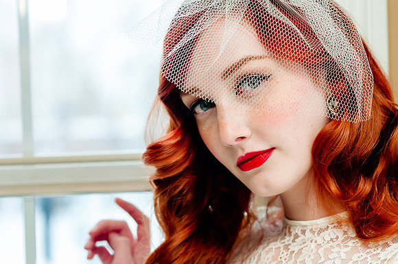40's inspired red hair, makeup and veil on a stunning bride. Red Scarlet Makeup Artistry