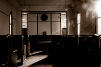 Lense flare black and white inside chapel at Fort Douglas