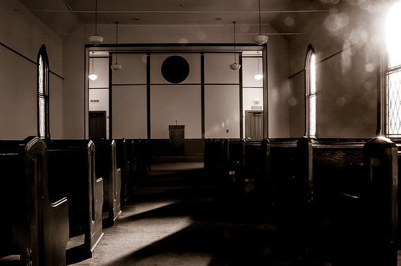 Lense flare black and white inside chapel at Fort Douglas